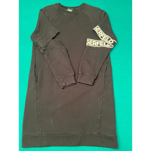 Black KARL LAGERFELD PARIS White Logo Sweater Dress Sz M Elbow cut outs - Picture 1 of 7